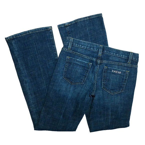 Bebe Dark Denim Twill LowRise Boot Jeans Rhinestone Buttons + Pocket Pin 29W/31L - Picture 11 of 14